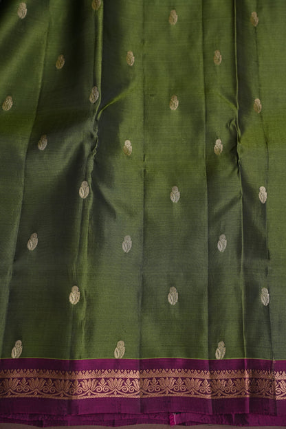 Pure Soft Silk Saree with Contrast Deep Purple Border & Rich Zari Pallu - Olive Green