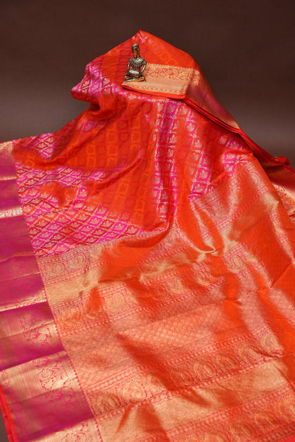 Rangkat Collection - Fiery Orange & Pink Dual Tone Kanchipuram Silk Saree with Rich Gold Zari Weave