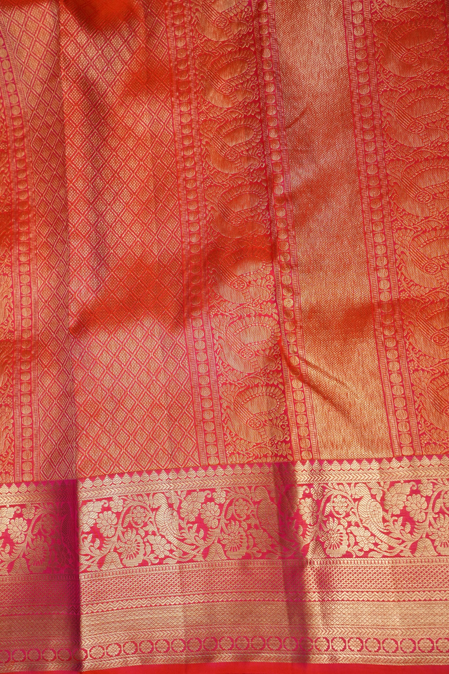 Rangkat Collection - Fiery Orange & Pink Dual Tone Kanchipuram Silk Saree with Rich Gold Zari Weave
