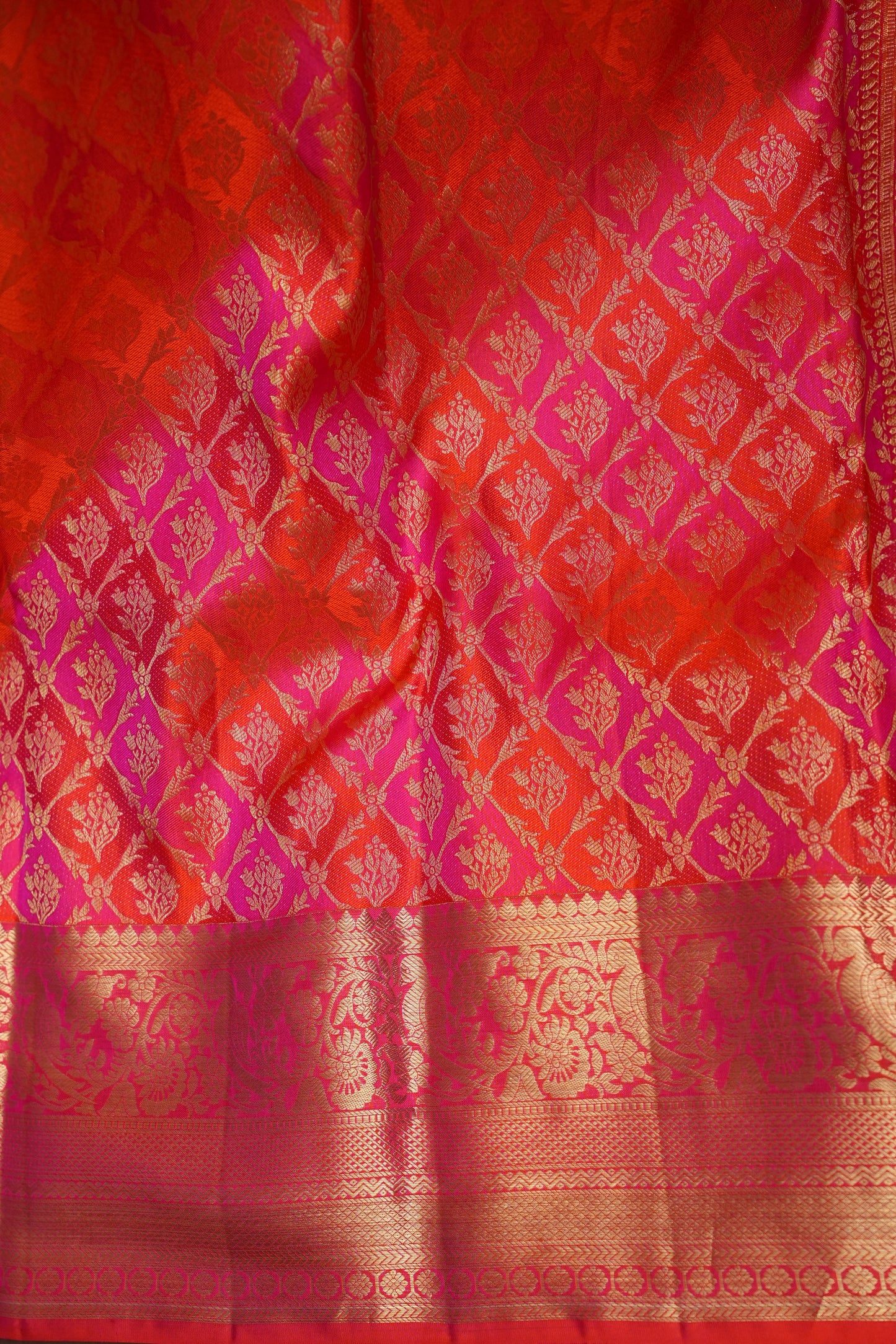 Rangkat Collection - Fiery Orange & Pink Dual Tone Kanchipuram Silk Saree with Rich Gold Zari Weave