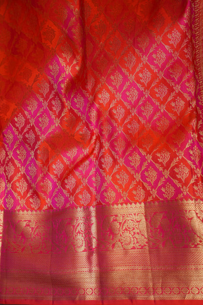 Rangkat Collection - Fiery Orange & Pink Dual Tone Kanchipuram Silk Saree with Rich Gold Zari Weave