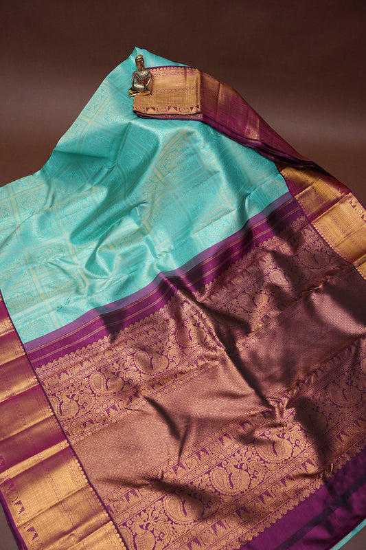 Pure Kanchipuram Silk Saree with Contrast Purple Border & Rich 2 Gram Zari - Aqua Blue