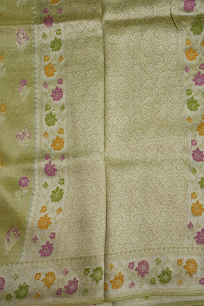 Mellow Tissue Pastel Green Saree with Banarasi Silver Weaving & Paithani Borders