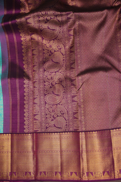 Pure Kanchipuram Silk Saree with Contrast Purple Border & Rich 2 Gram Zari - Aqua Blue