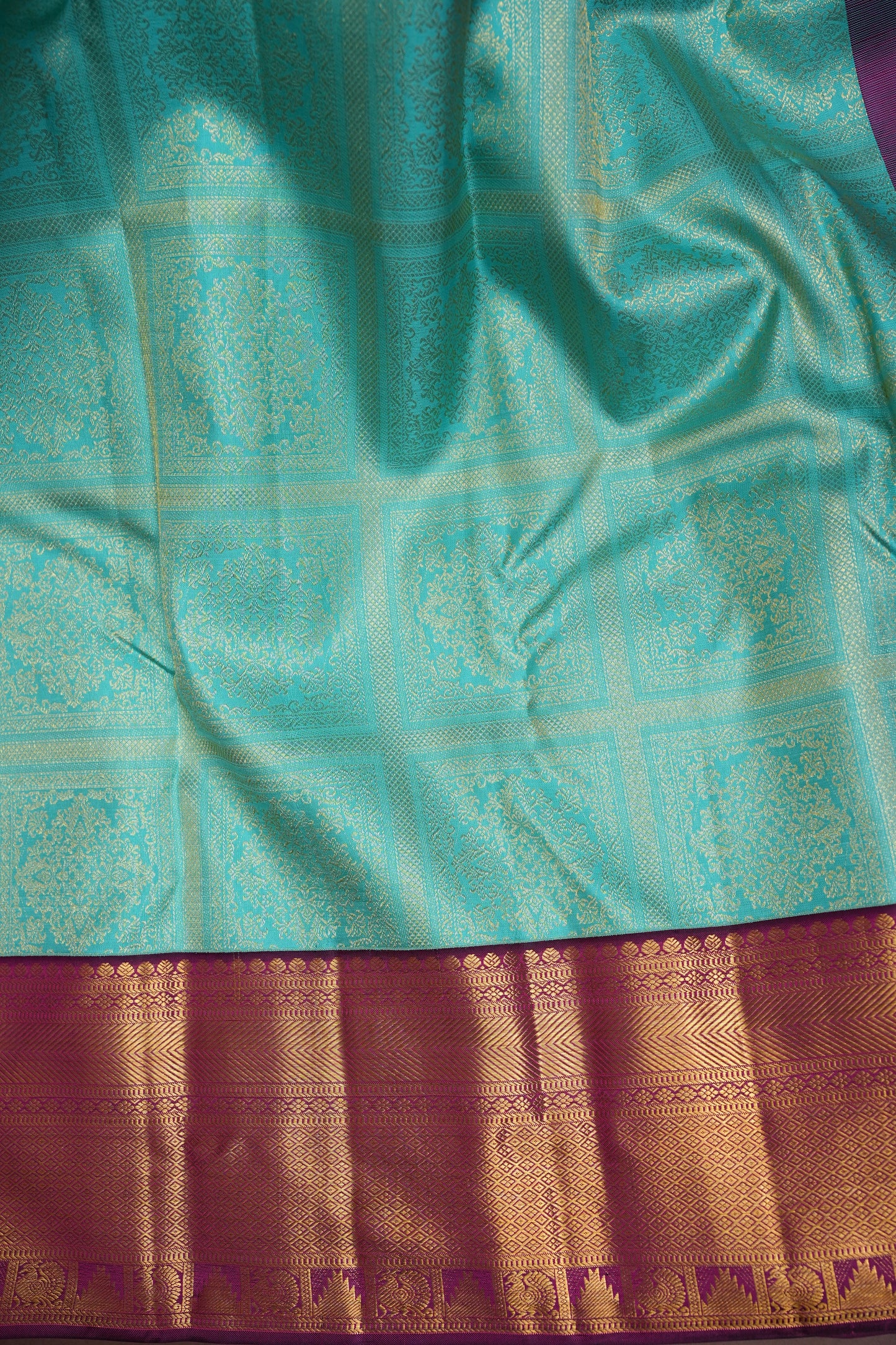 Pure Kanchipuram Silk Saree with Contrast Purple Border & Rich 2 Gram Zari - Aqua Blue