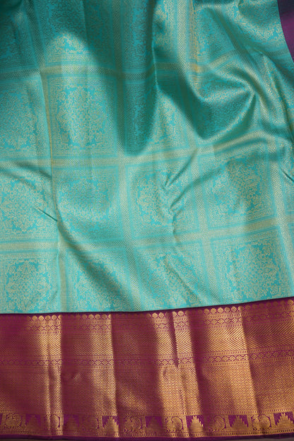 Pure Kanchipuram Silk Saree with Contrast Purple Border & Rich 2 Gram Zari - Aqua Blue