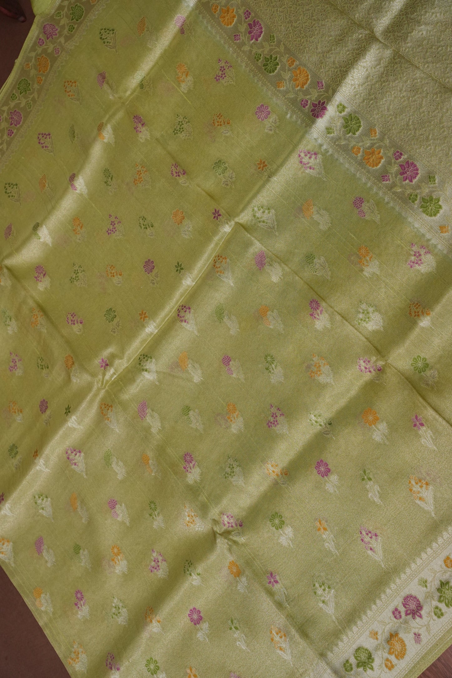 Mellow Tissue Pastel Green Saree with Banarasi Silver Weaving & Paithani Borders