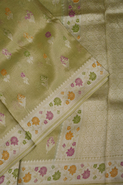 Mellow Tissue Pastel Green Saree with Banarasi Silver Weaving & Paithani Borders