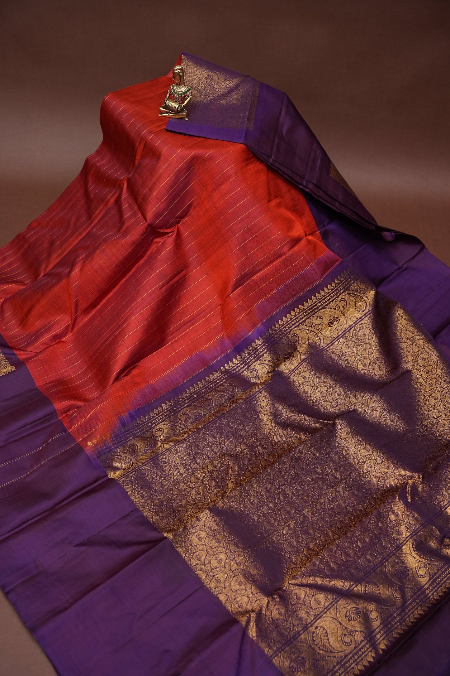 Pure Kanchipuram Silk Saree with Antique Zari Border - Rust & Purple