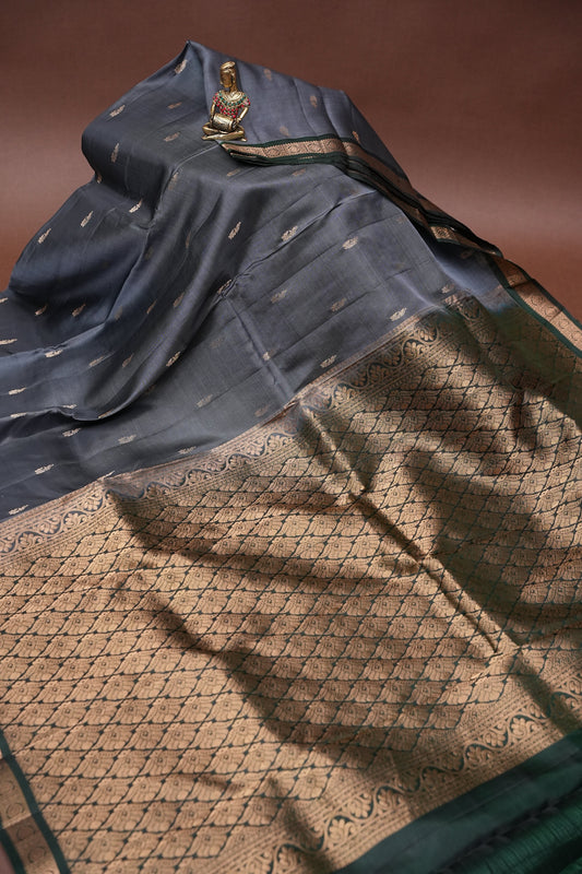 Pure Kanchipuram Silk Saree with Rich Zari Pallu - Steel Grey & Green