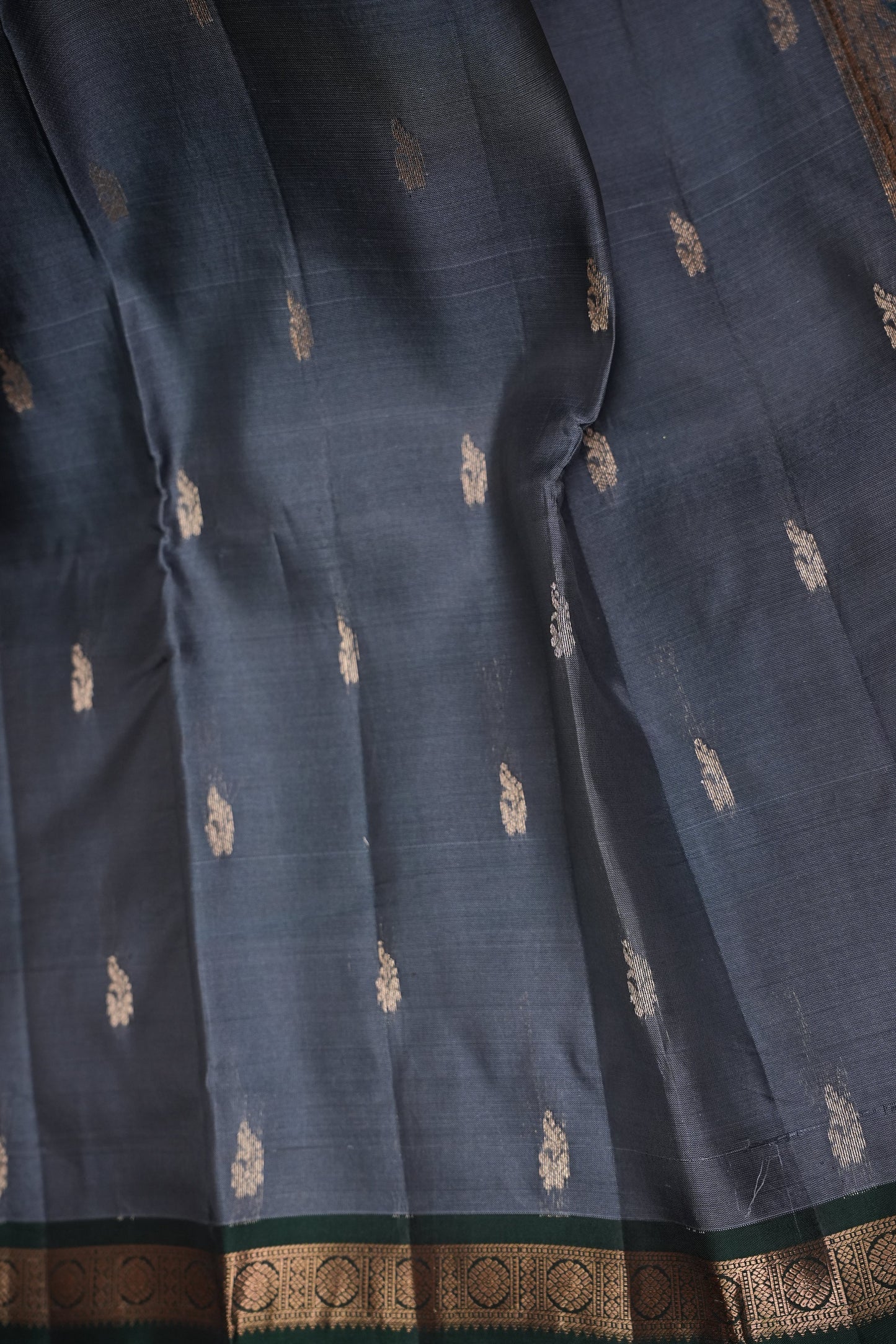 Pure Kanchipuram Silk Saree with Rich Zari Pallu - Steel Grey & Green