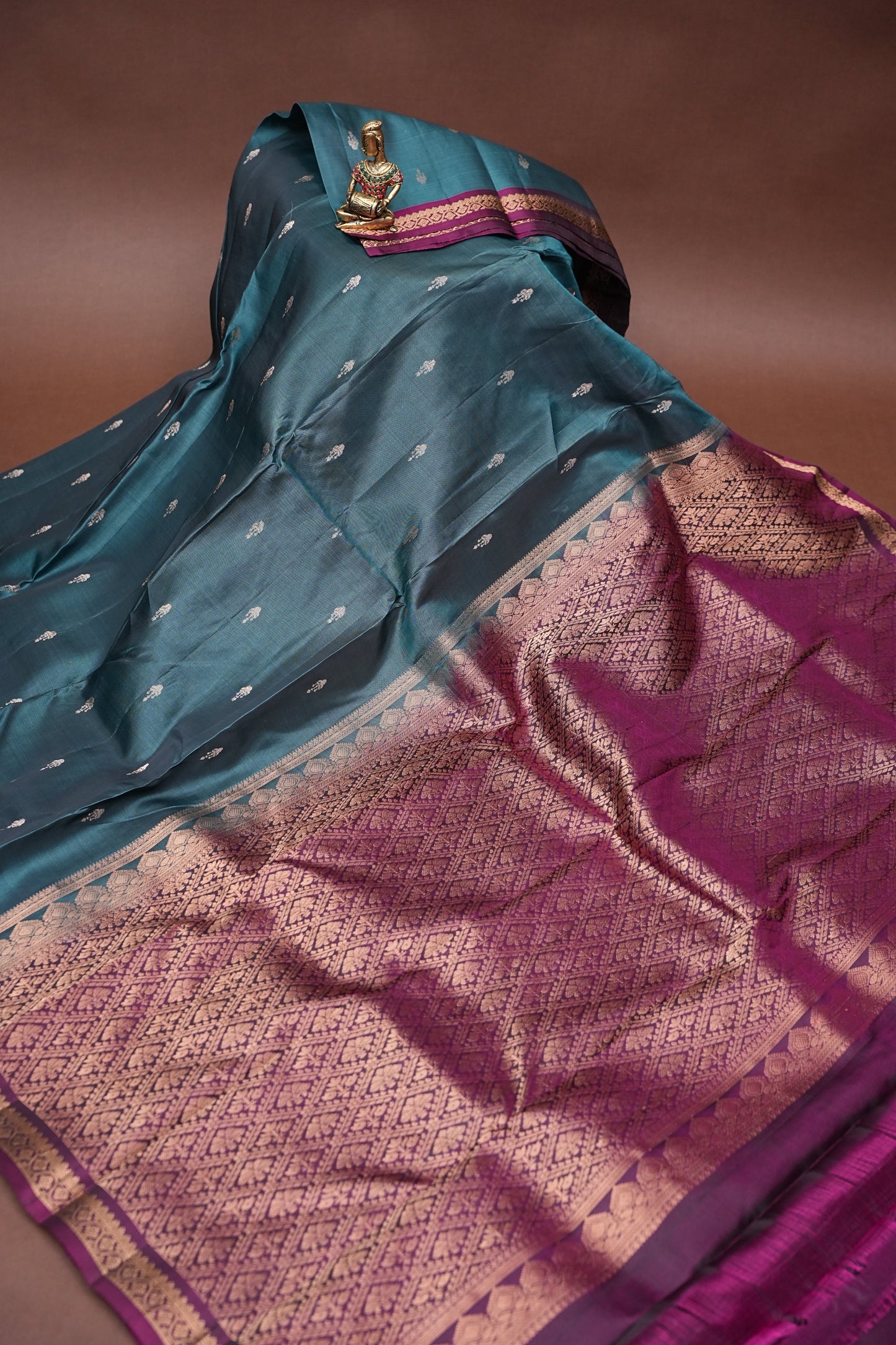 Pure Kanchipuram Silk Saree with Rich Zari Pallu - Teal Blue & Magenta