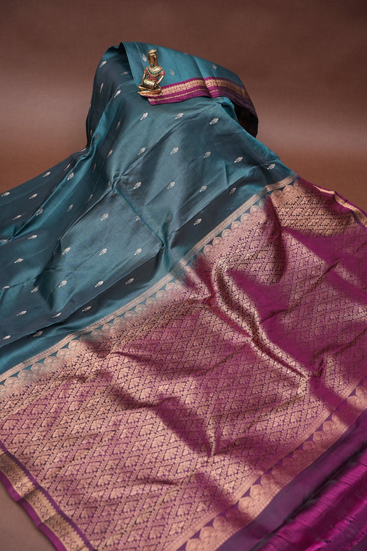 Pure Kanchipuram Silk Saree with Rich Zari Pallu - Teal Blue & Magenta