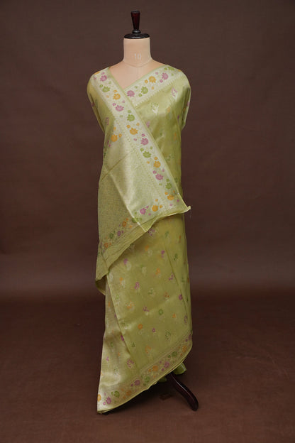 Mellow Tissue Pastel Green Saree with Banarasi Silver Weaving & Paithani Borders