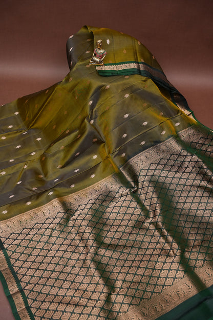 Pure Kanchipuram Silk Saree with Rich Zari Pallu - Olive Green & Bottle Green
