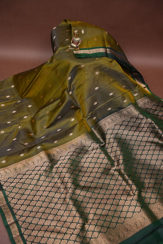 Pure Kanchipuram Silk Saree with Rich Zari Pallu - Olive Green & Bottle Green