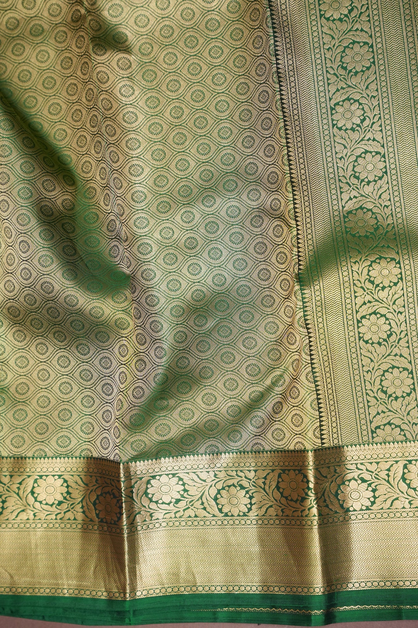 Pure Kanchipuram Silk Saree with Rich Zari Weave - Champagne Gold and Emerald Green