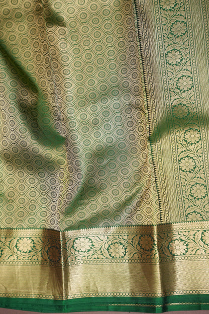 Pure Kanchipuram Silk Saree with Rich Zari Weave - Champagne Gold and Emerald Green