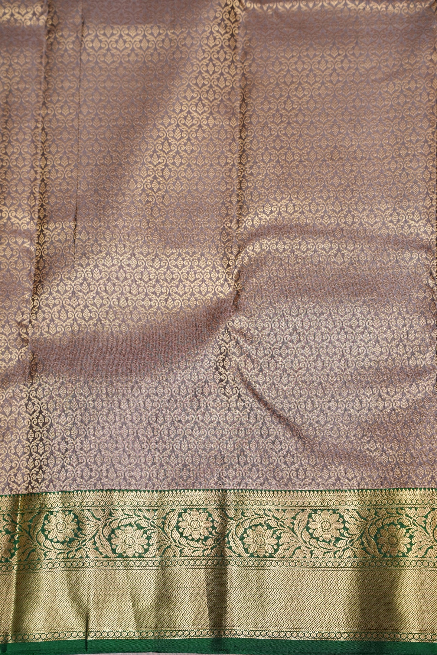 Pure Kanchipuram Silk Saree with Rich Zari Weave - Champagne Gold and Emerald Green