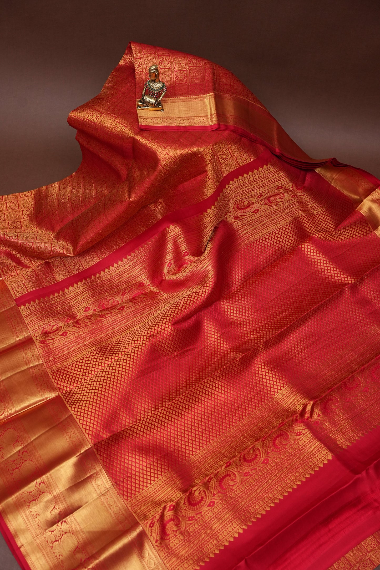 Pure Kanchipuram Silk Saree with Rich Gold Zari Weave - Classic Crimpson Red