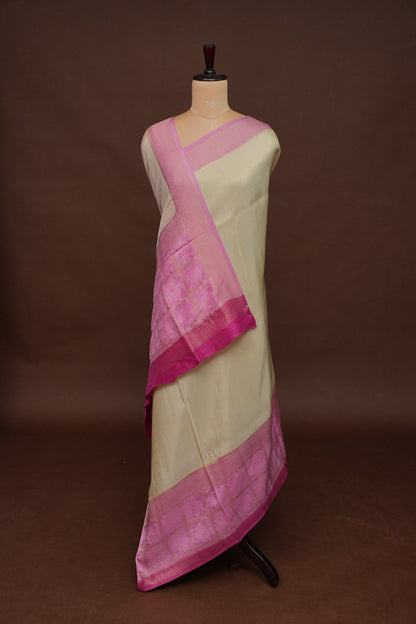 Kashmiri Pashmina Mellow Tissue Banarasi Saree- Ivory & Baby Pink
