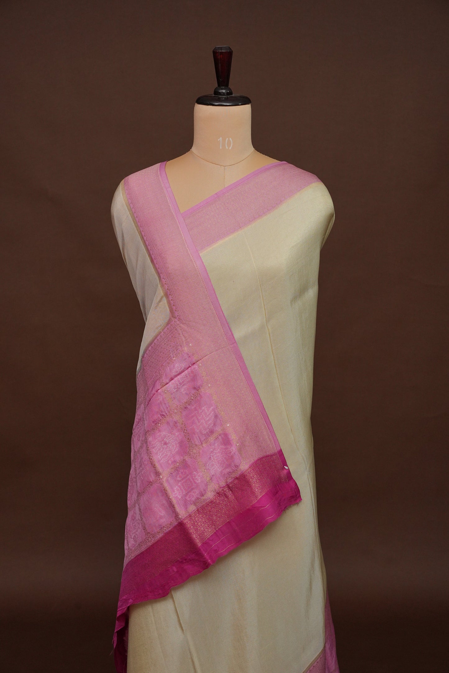 Kashmiri Pashmina Mellow Tissue Banarasi Saree- Ivory & Baby Pink