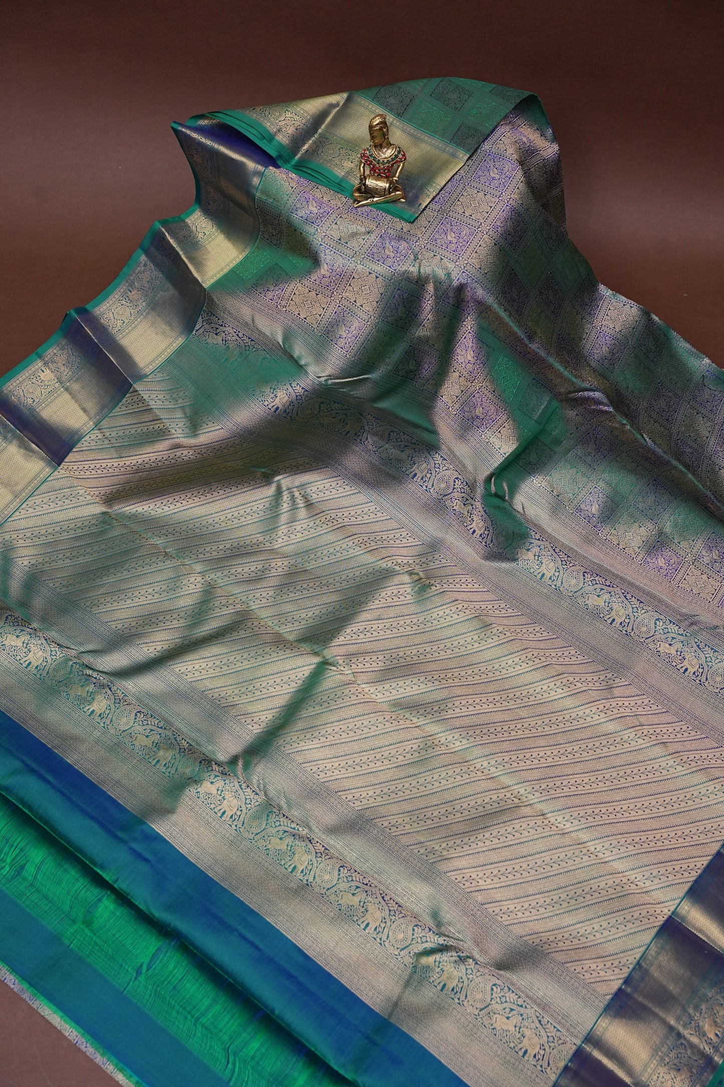 Pure Kanchipuram Silk Saree with Rich Gold Zari Weave - Teal & Blue