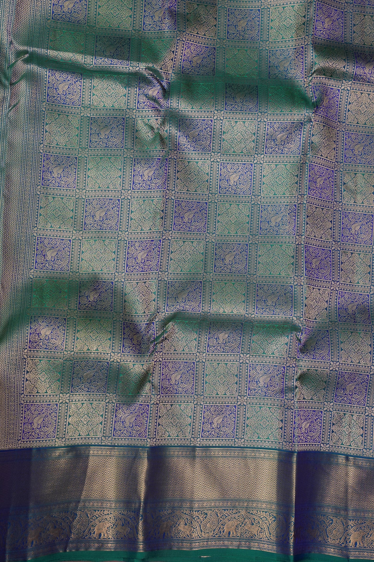 Pure Kanchipuram Silk Saree with Rich Gold Zari Weave - Teal & Blue