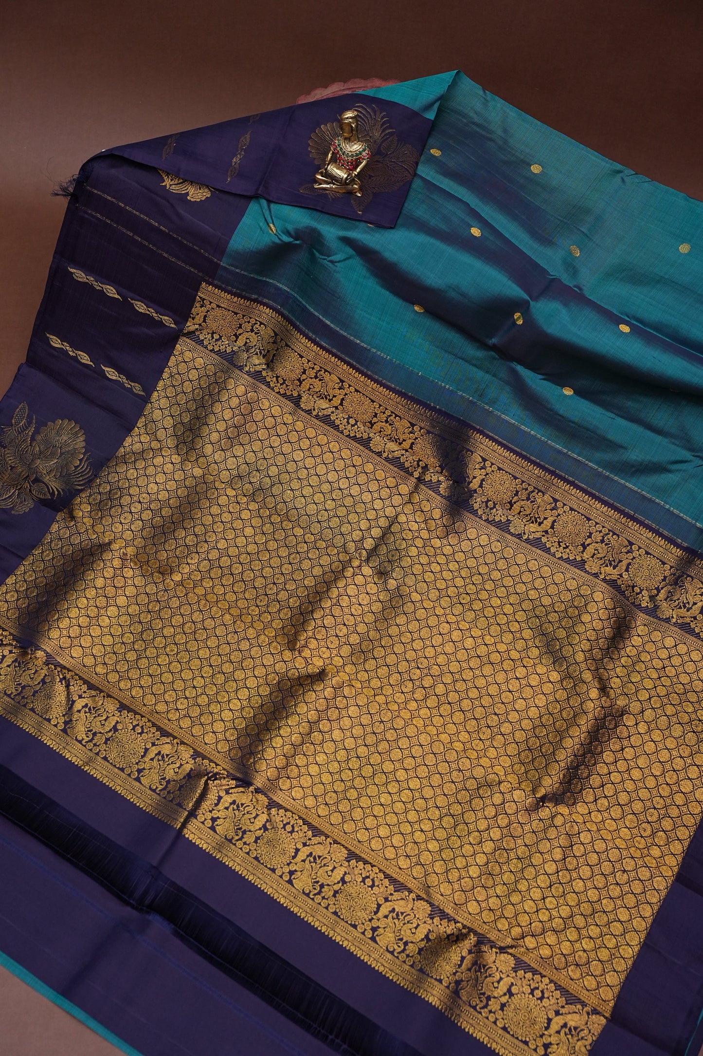 Pure Kanchipuram Silk Saree with Rich Gold Zari Pallu - Teal Blue & Navy Border