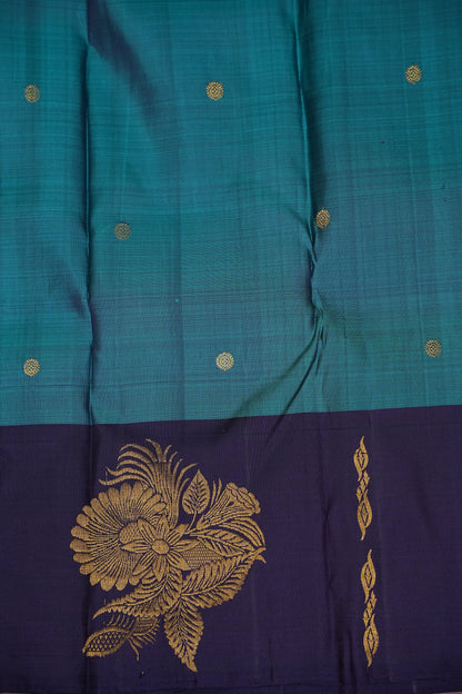 Pure Kanchipuram Silk Saree with Rich Gold Zari Pallu - Teal Blue & Navy Border