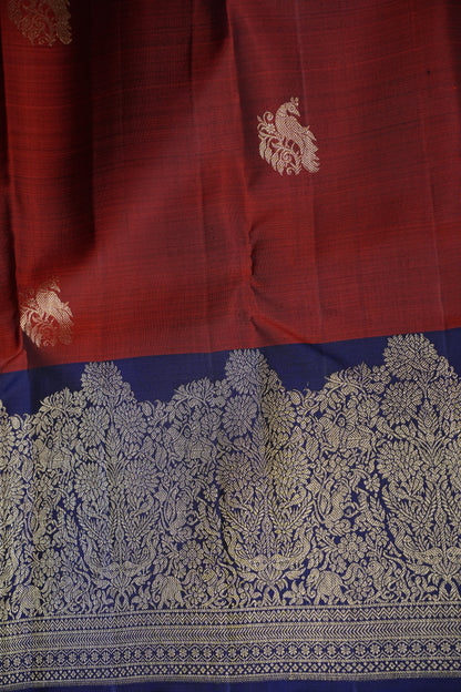 Pure Kanchipuram Silk Saree with Gold Zari Weave - Rust & Navy Blue