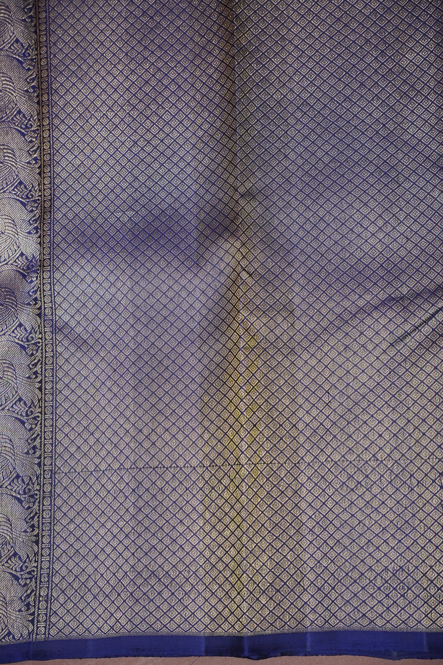 Pure Kanchipuram Silk Saree with Gold Zari Weave - Rust & Navy Blue