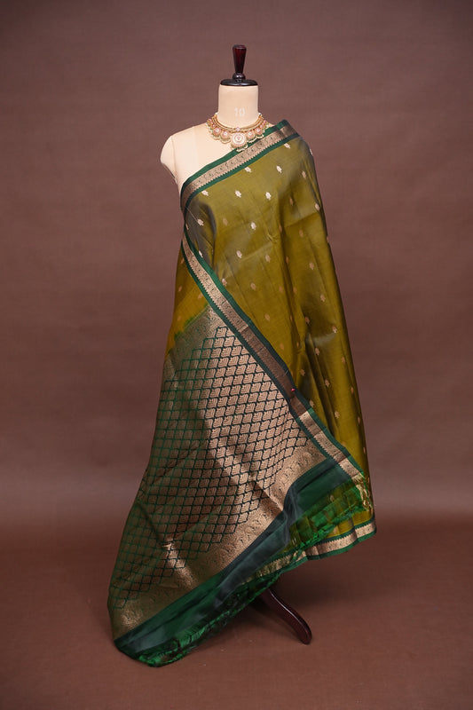 Pure Kanchipuram Silk Saree with Rich Zari Pallu - Olive Green & Bottle Green