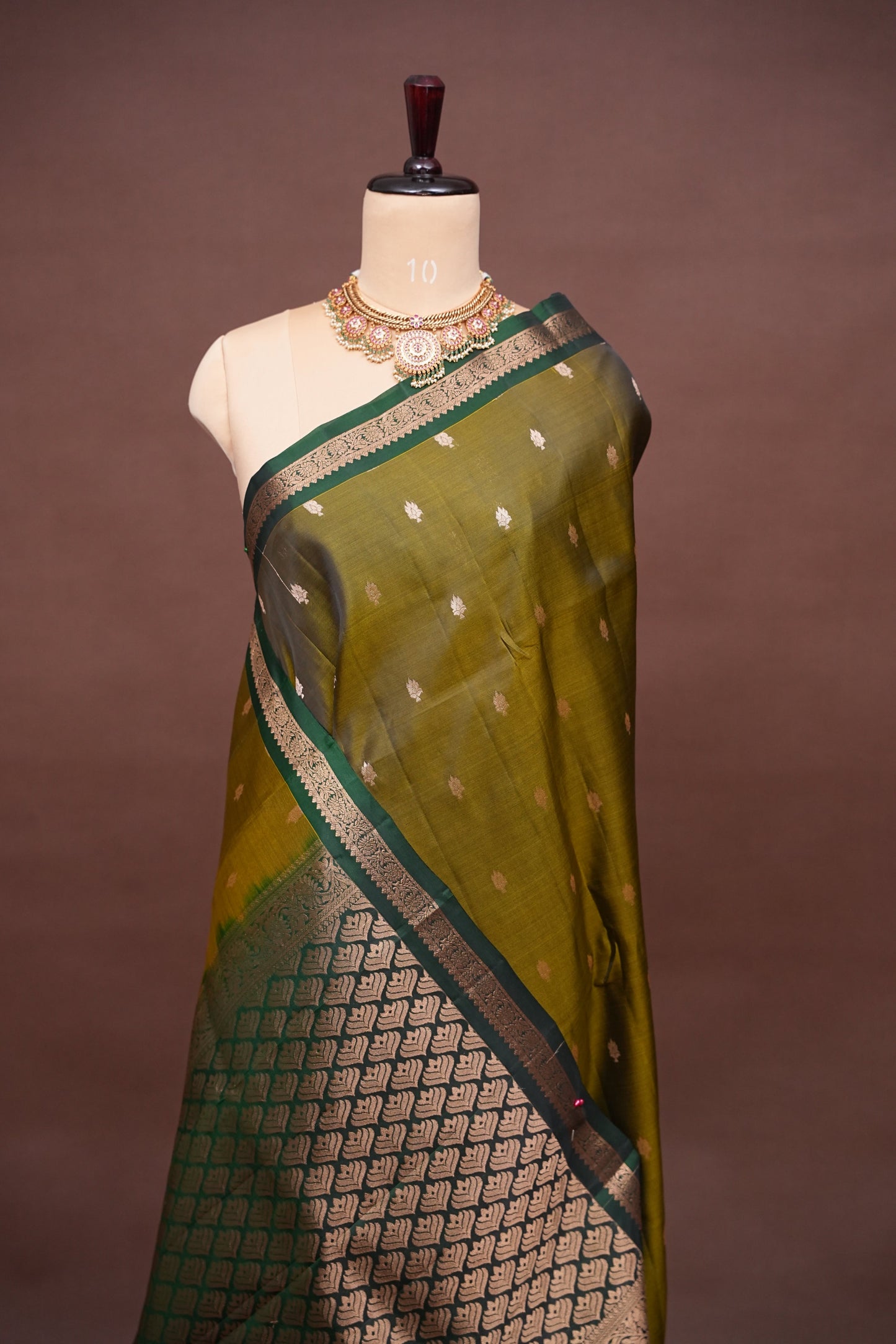 Pure Kanchipuram Silk Saree with Rich Zari Pallu - Olive Green & Bottle Green