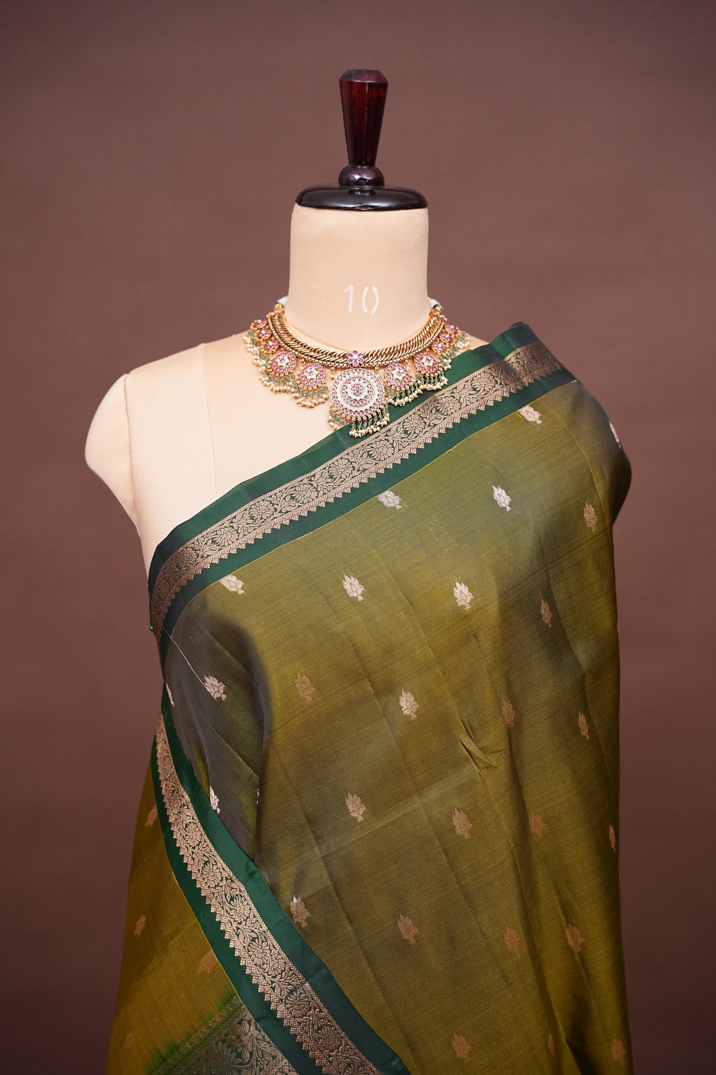 Pure Kanchipuram Silk Saree with Rich Zari Pallu - Olive Green & Bottle Green