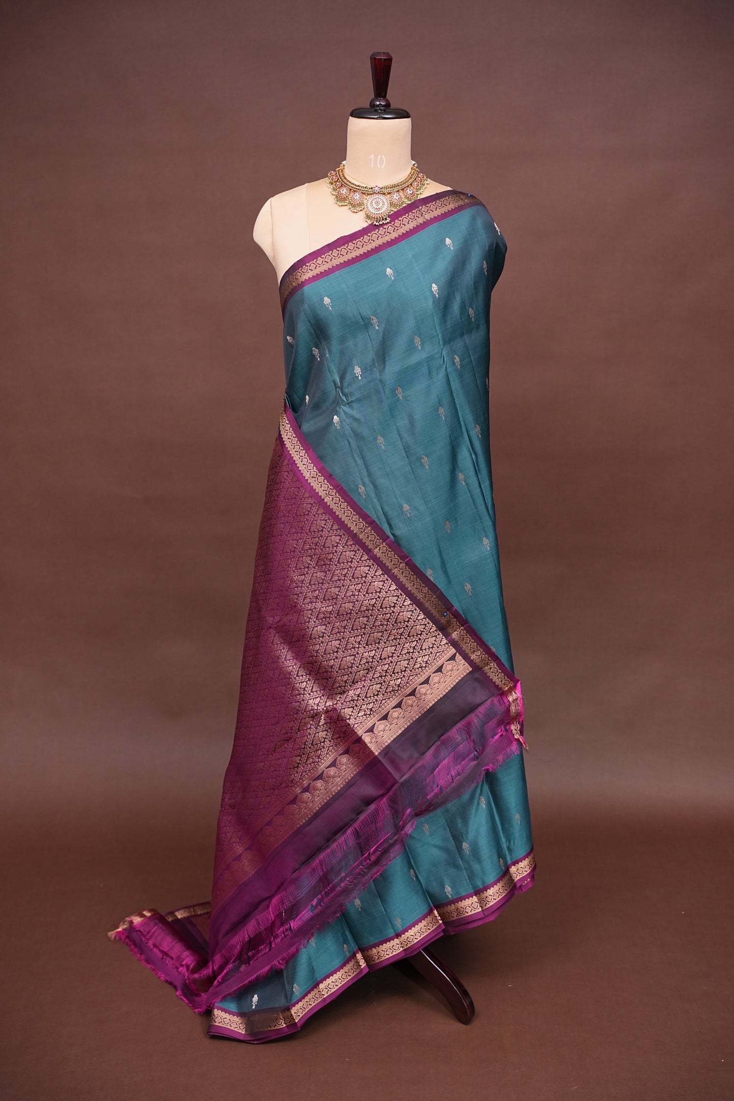 Pure Kanchipuram Silk Saree with Rich Zari Pallu - Teal Blue & Magenta