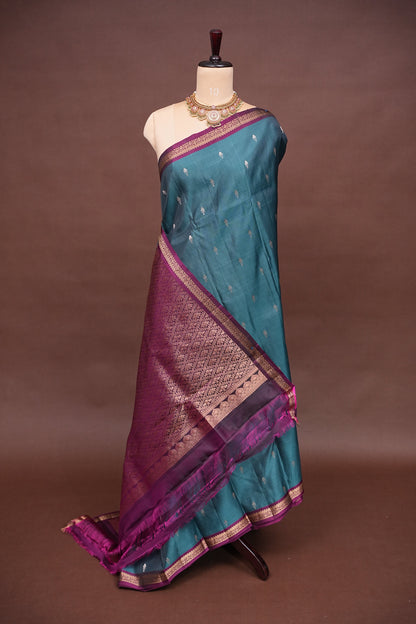 Pure Kanchipuram Silk Saree with Rich Zari Pallu - Teal Blue & Magenta