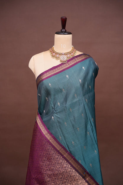 Pure Kanchipuram Silk Saree with Rich Zari Pallu - Teal Blue & Magenta