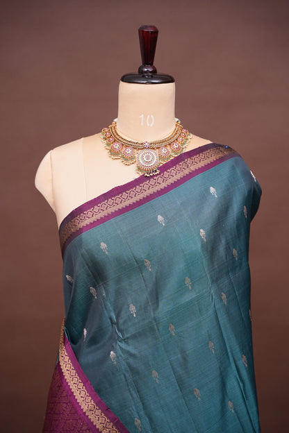 Pure Kanchipuram Silk Saree with Rich Zari Pallu - Teal Blue & Magenta