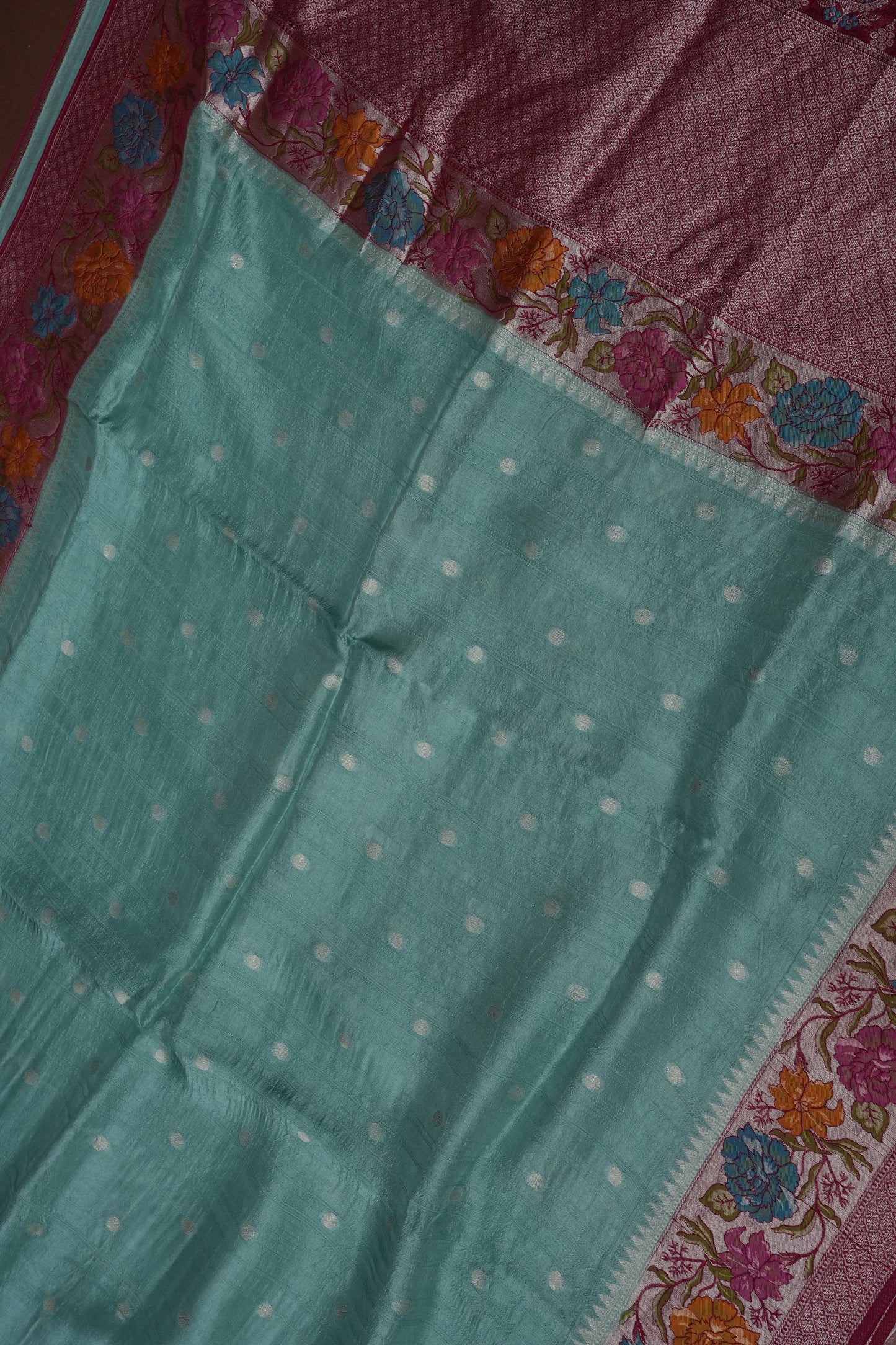 Tussar Banarasi Raw Silk Saree with Floral Paithani Weaves – Aqua Green