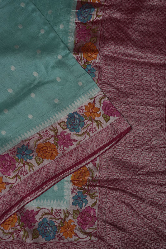 Tussar Banarasi Raw Silk Saree with Floral Paithani Weaves – Aqua Green