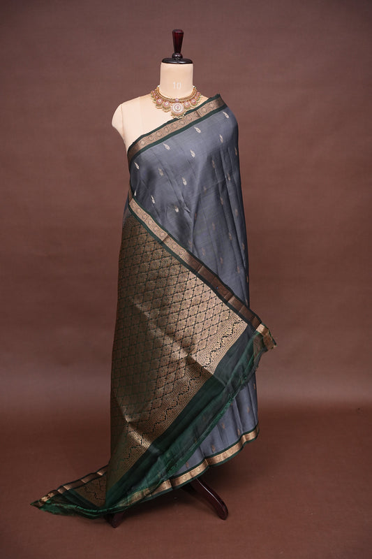 Pure Kanchipuram Silk Saree with Rich Zari Pallu - Steel Grey & Green