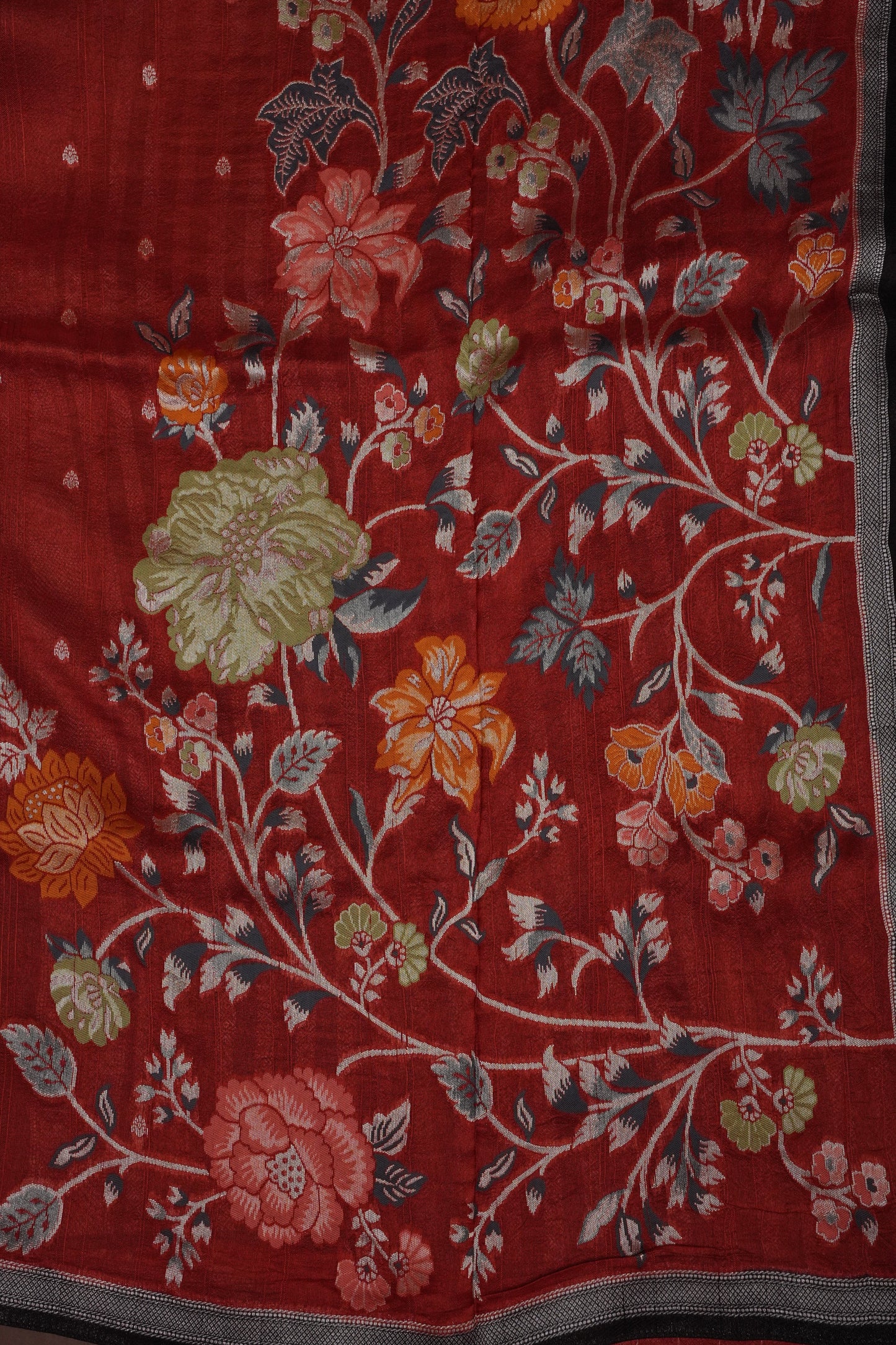 Tussar Banarasi Raw Silk Saree  with Floral Paithani Weaves – Burnt Orange & Black