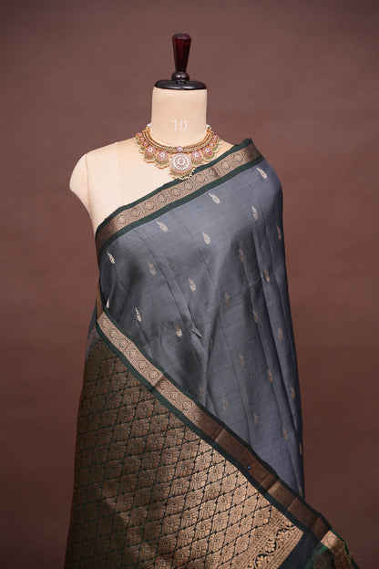 Pure Kanchipuram Silk Saree with Rich Zari Pallu - Steel Grey & Green