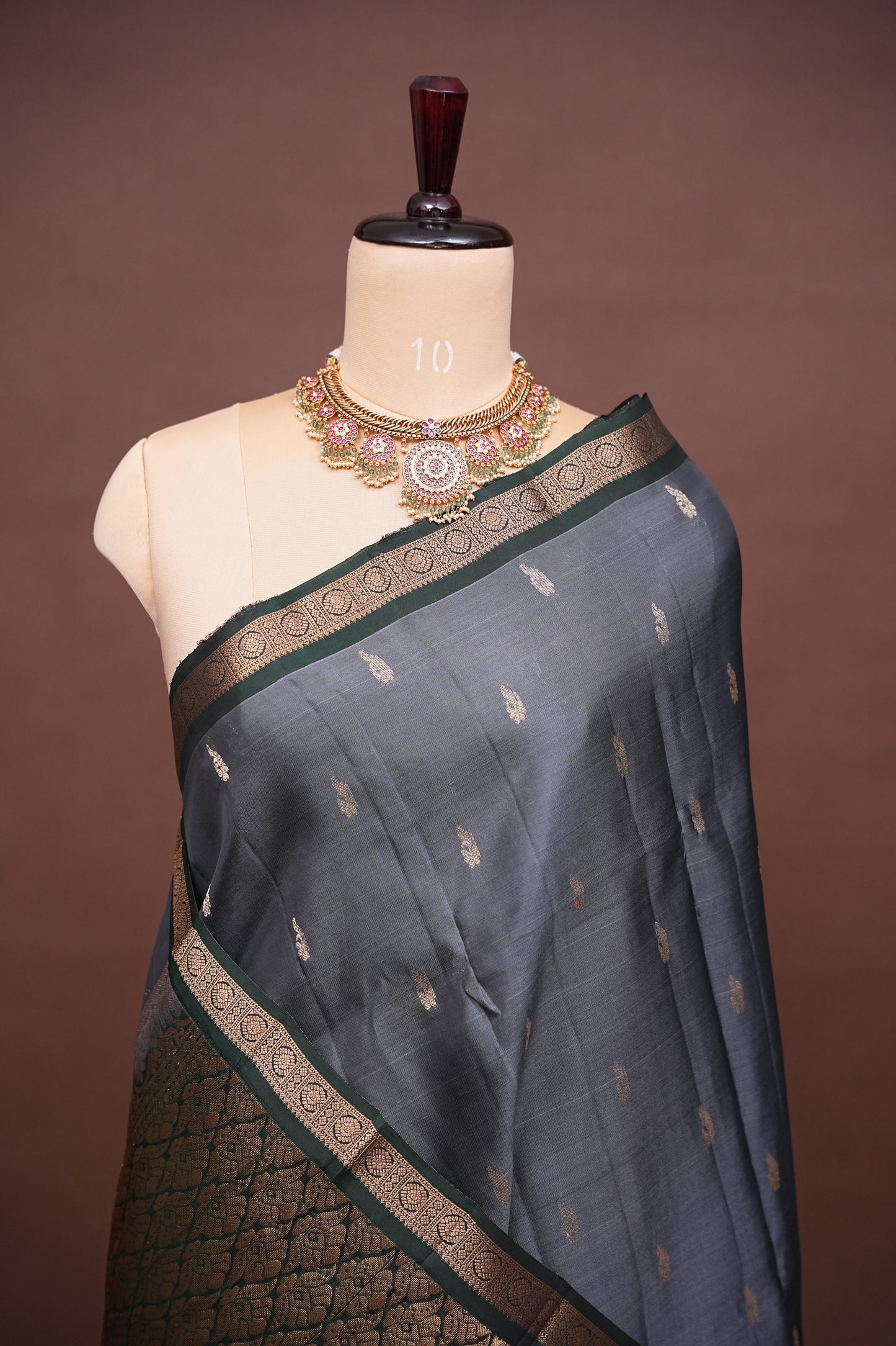 Pure Kanchipuram Silk Saree with Rich Zari Pallu - Steel Grey & Green