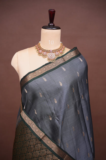 Pure Kanchipuram Silk Saree with Rich Zari Pallu - Steel Grey & Green
