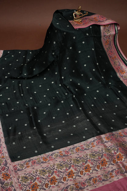 Tussar Banarasi Raw Silk Saree  with Floral Paithani Weaves – Bottle Green