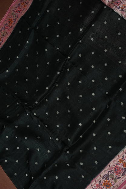 Tussar Banarasi Raw Silk Saree  with Floral Paithani Weaves – Bottle Green