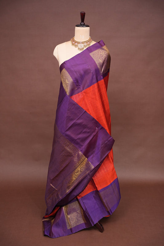 Pure Kanchipuram Silk Saree with Antique Zari Border - Rust & Purple
