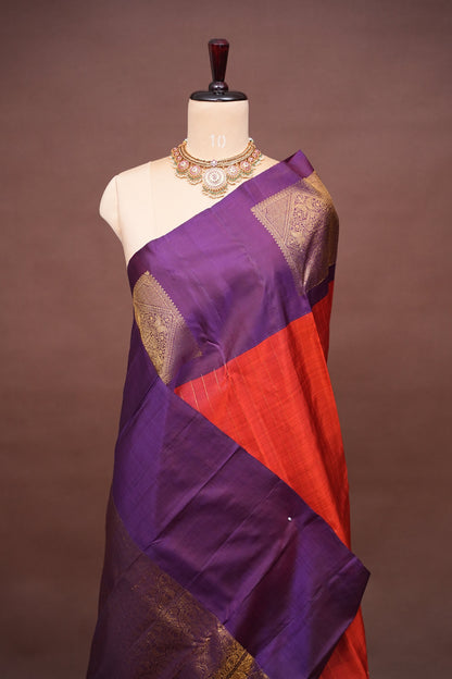 Pure Kanchipuram Silk Saree with Antique Zari Border - Rust & Purple
